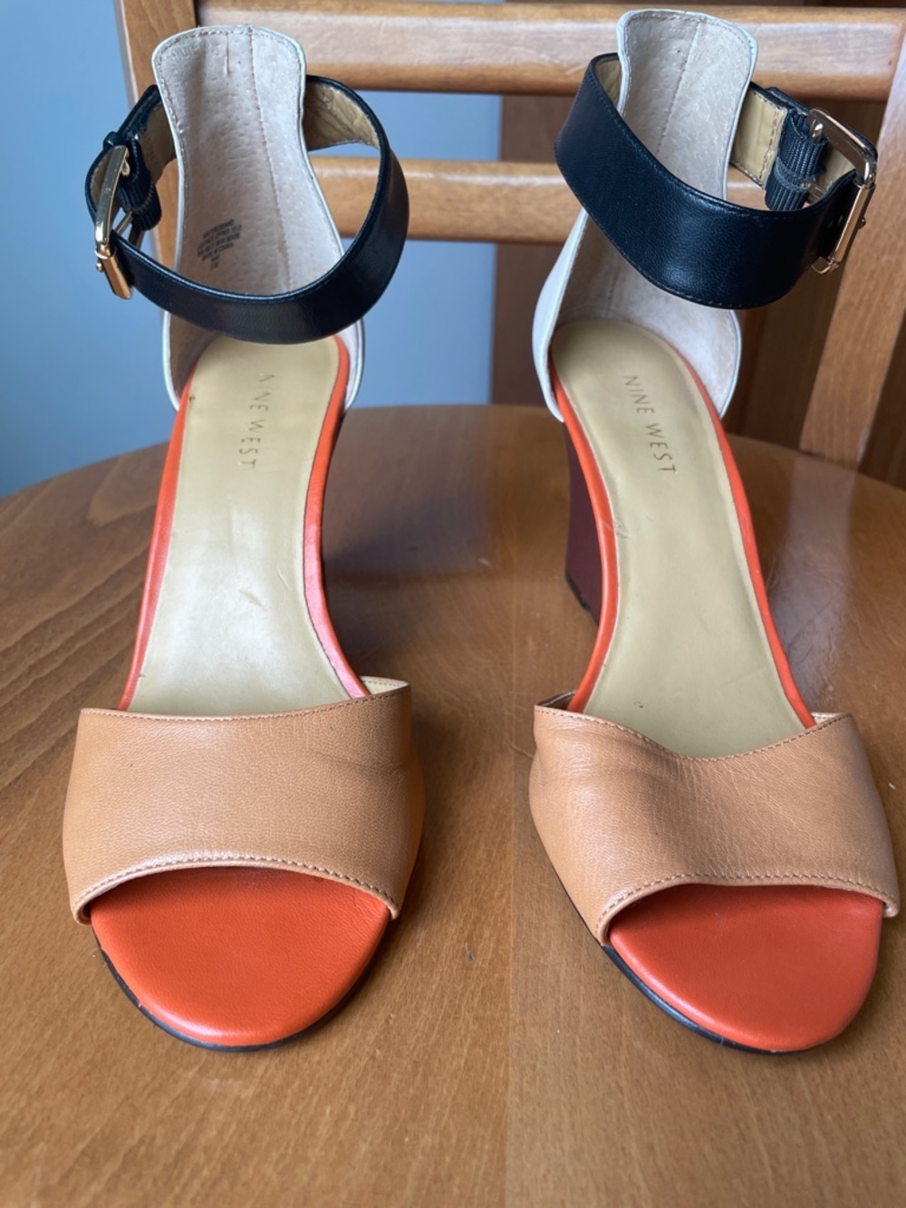 Nine West Tan, Orange, Burgundy & Black Block Heel Sandals